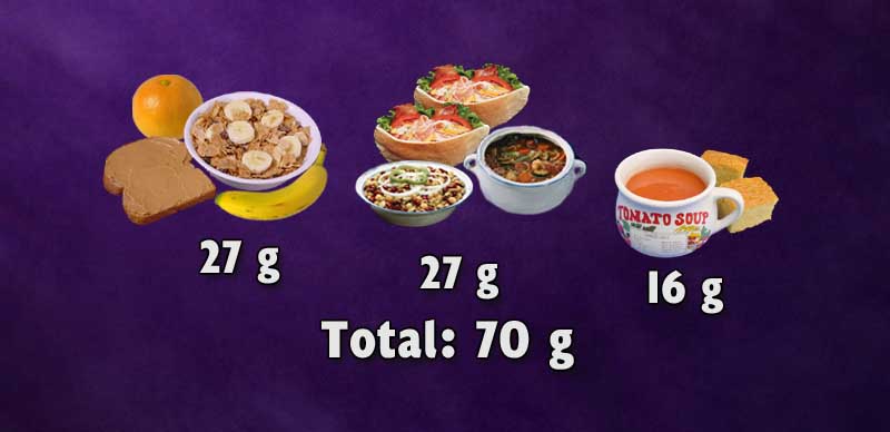 Três refeições de uma dieta típica à base de plantas resultando em 70g de proteína.